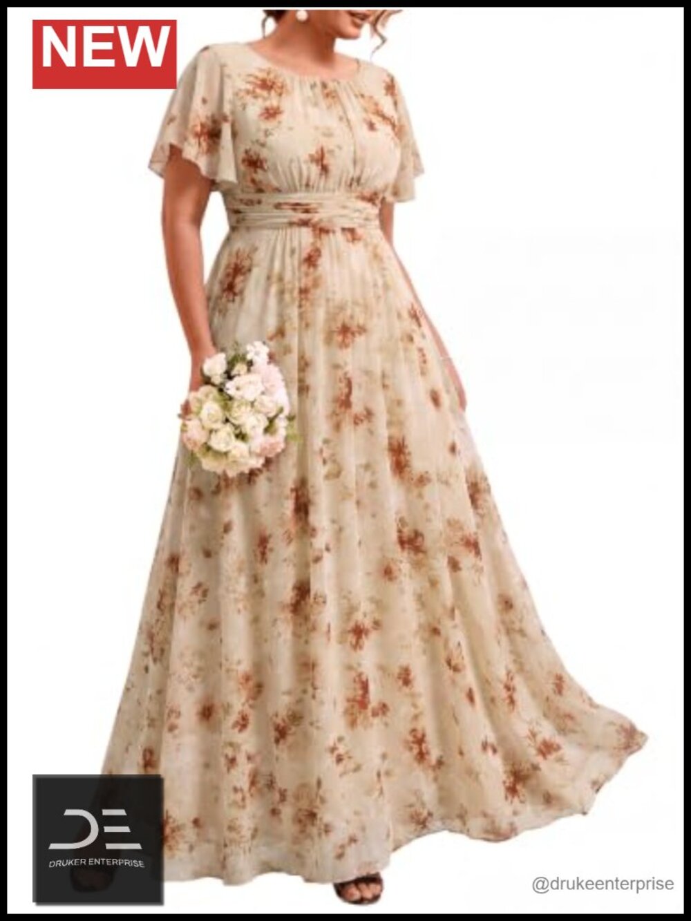 Plus Size Formal Maxi Dress A-Line Chiffon Ruffle Sleeve Wedding Guest